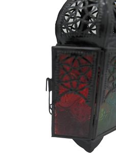 <b>Black</b> Iron <b>Lantern</b> With Colored Glass Panels And Intricate Cutout Design For Home Decoration - Product Image 5