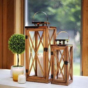 Farol de viento de madera vintage, portavelas con panel de cristal, tarro de vela de madera irregular para decoración de bodas y hogar - Product Image 3
