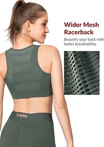 Sujetador deportivo Racerback de soporte alto, sin aros, verde oscuro, con cremallera frontal y malla - Product Image 3