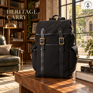 Sac à dos à rabat en toile noire avec boucles en laiton et poches latérales |   Sac à dos de style vintage avec poignée supérieure arrondie et sangles avant - Product Image 4