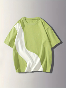 Camiseta Oversize para Hombre con Bloques de Color, Manga Corta, Cuello Redondo, Casual, Tejido Sólido, 100% Algodón, Ribete en Contraste Verde y Blanco - Product Image 1