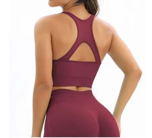 Conjunto de 2 piezas de ropa deportiva para yoga y gimnasio: Sujetador deportivo y shorts de cintura alta, OEM ODM, venta al por mayor, para mujer, acanalado, sin costuras, liso por delante. - Product Image 3