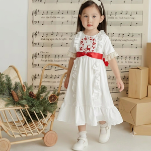 Vente en gros de robes mini en coton 100% pour bébés filles, collection de Noël, robe blanche avec broderie rouge, robe de Noël pour fille - Product Image 6