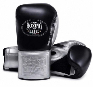 Guantes de Boxeo Profesionales Personalizados en Plata y Negro, Sin Boxeo No Hay Vida, de Cuero Genuino de Alta Calidad, Transpirables y Ligeros con Cordones - Product Image 1