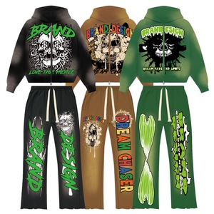 Free Mockup No MOQ Custom 100% Heavyweight Cotton Acid Wash Vintage Sweatsuit featuring Zip-Up Hoodie and <b>Flare</b> <b>Sweatpants</b> - Product Image 3