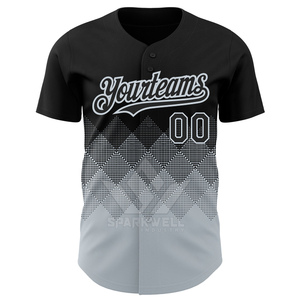 Maillot de baseball personnalisé pour homme, manches courtes, impression sublimée, polyester respirant, dégradé noir-gris, nom et numéro de l'équipe sur le devant - Product Image 2