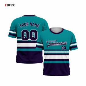 T-shirt à manches courtes rayé bleu sarcelle et violet pour homme Corex avec impression du nom de l'équipe, col rond, coupe classique, style sportif - Product Image 3