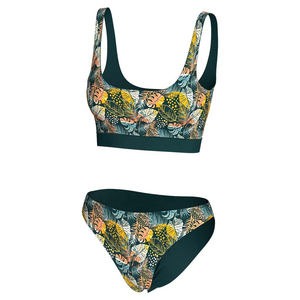 Conjunto de bikini con estampado tropical para mujer, top bandeau con cuello redondo, braguita hipster, tela elástica, traje de baño de 2 piezas - Product Image 3