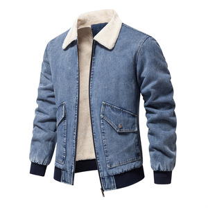 Veste en jean d'hiver de haute qualité pour hommes, nouvelle couleur unie, fermeture éclair épaisse, style cowboy, col rabattu, décontractée et chaude - Product Image 1