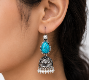 Factory Direct Oxidized <b>Silver</b> Turquoise Stone Pearl Jhumka <b>Earrings</b> Handmade Indian Ethnic <b>Dangle</b> Drop <b>Earrings</b> for Women - Product Image 5