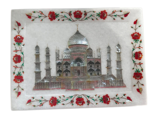 Plateau de service / plateau décoratif en agate, incrustation Taj Mahal, sculpté et gravé, traditionnel, antique, souvenir, fournisseur indien, fait main - Product Image 3