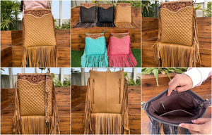 Directo de fábrica, venta al por mayor, bolso cruzado con flecos grandes de cuero labrado a mano, bolso de hombro de mujer de cuero de vaca con patrón de celosía de diamante - Product Image 3