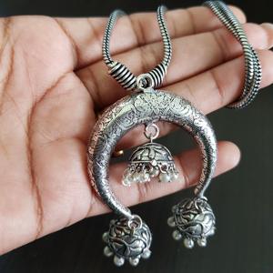 Oxidised Link Chain with Three Jhumka Pendant Gold Plated Turquoise Shell Jewelry - Product Image 1