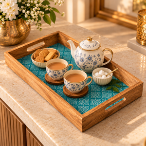 Plateau en émail géométrique bleu sarcelle |   Plateau de service en bois naturel avec poignées découpées, décoratif pour la salle à manger, la cuisine, la maison, la table, cadeau, accent décoratif - Product Image 2