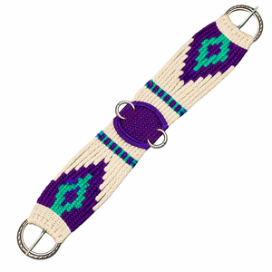 EQUIPO: Cinturón de sujeción para caballo con patrón morado y verde, anillas metálicas, ajustable, de cuero y lana. - Product Image 1