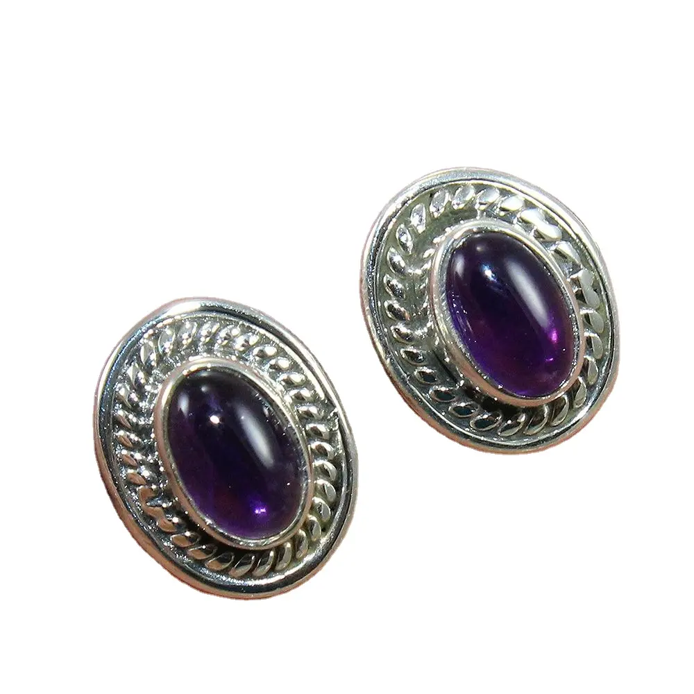 Dazzling Natural Oval Big Amethyst Stone 925 Sterling Silver Bohemian Hippie Stud Earrings Handmade Classic Wholesale Jewelry