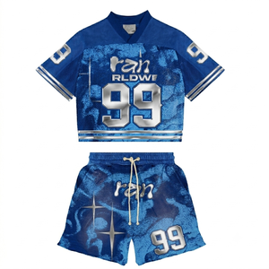 Ran RL DW 99 Blue Sublimation Print Crop Jersey and Shorts <b>Set</b> Unisex Sporty Summer Quick Dry <b>Mesh</b> <b>Two</b> <b>Piece</b> Tracksuit - Product Image 1