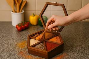 Boîte à épices hexagonale en bois d'acacia artisanale à prix abordable avec cuillère, design moderne et simple, accessoires de cuisine - Product Image 2