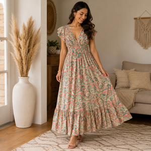 Bohemian Paisley Print Maxi Dress for Women | Flutter Sleeve Deep V Neck Smocked Waist Summer Beach Holiday Party Long Elegant - Product Image 4