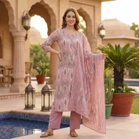 Ensemble Kurti, pantalon et dupatta en coton rose imprimé pour femmes, motif géométrique Ikat, manches trois quarts, tenue ethnique traditionnelle