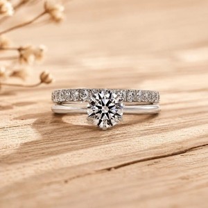 Half Eternity IGI Certified 10K 14K 18K Solid Gold Round Lab Grown Diamond Prong Solitaire Ring Double Band <b>Wedding</b> Bridal Band - Product Image 2