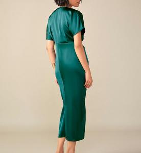 <b>Emerald</b> Green Satin Sheath Gown V Neck Ruched Bodycon Mid-Calf <b>Dress</b> Short Sleeve Breathable Eco-Friendly Formal Party Wear - Product Image 2