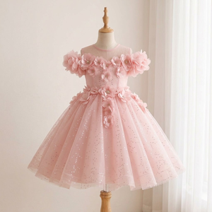 Robe de princesse élégante de luxe Pink Blossom, manches bouffantes 3D florales, tulle à paillettes, strass, longueur genou, respirante, pour filles - Product Image 1