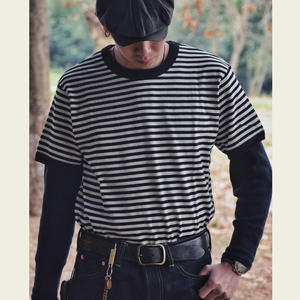 T-shirt à manches courtes rayé pour homme, coupe classique, col rond, en coton tricoté, décontracté, avec bordure contrastée - Product Image 6