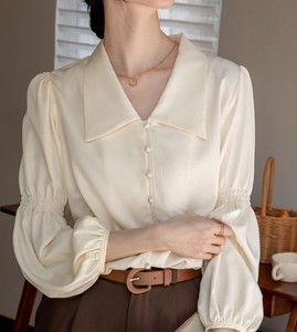Women's Elegant Satin Blouse With Peter Pan Collar Full Sleeve <b>Balloon</b> Sleeve Button Down Shirt Solid Color Regular Fit - Product Image 4
