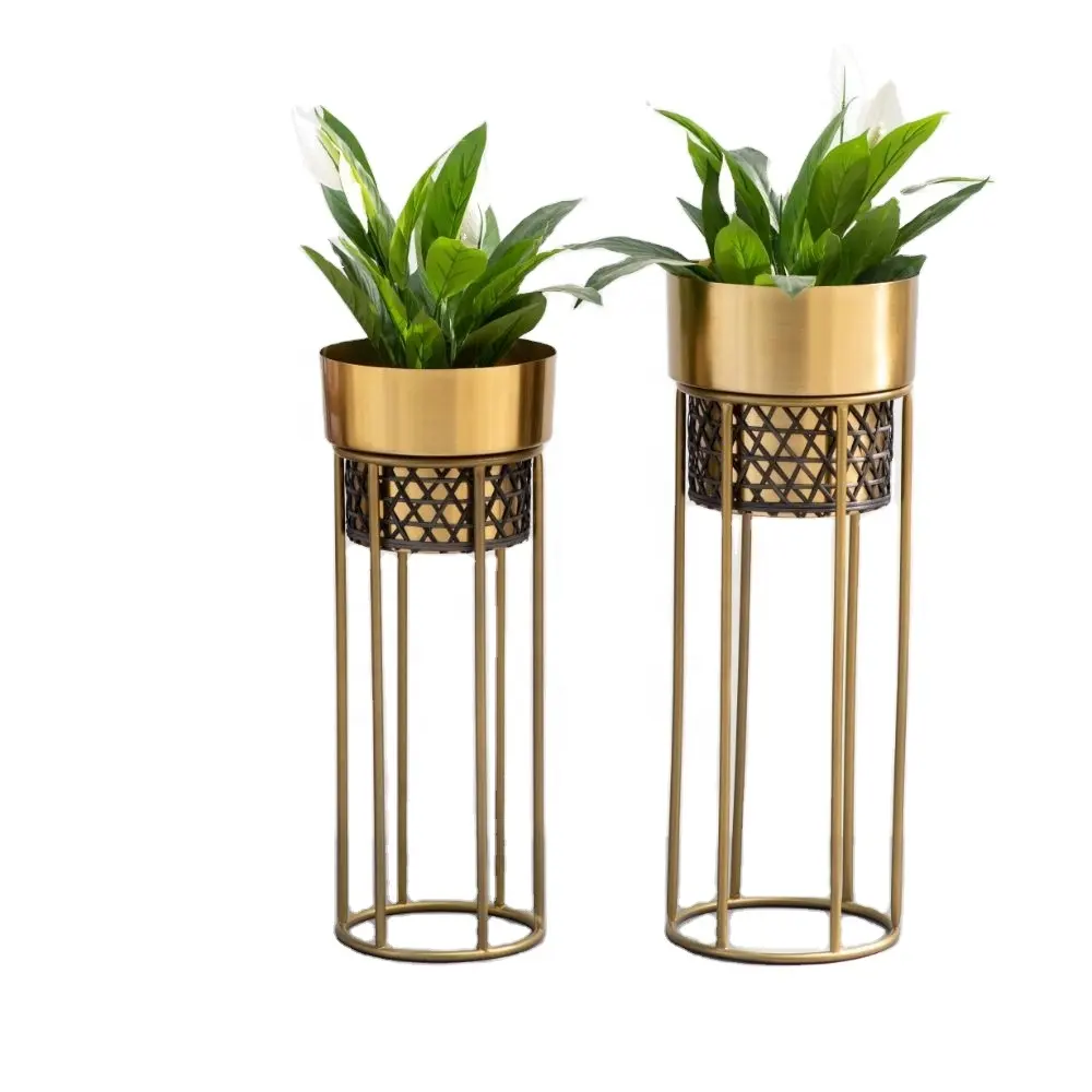 Handgemaakte Gepoedercoat Goud Moderne Display Indoor En Outdoor Bloem Planter Twee Stukken Met Stand Woondecoratie