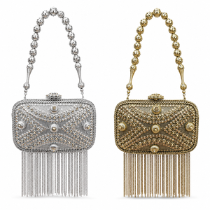 Luxury Iron <b>Clutch</b> Bag for Women Vintage Evening Party <b>Wedding</b> Handbag with Pearl Beaded Handle Chain Tassel & Floral Design - Product Image 5