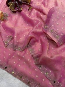 Sari Designer Shadow Jarkan avec broderie de diamants et de miroirs véritables, motif Moss Butti, et pièce de blouse non cousue motif Moss Butti - Product Image 6