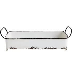 Bandeja Decorativa Rectangular de Metal con Asas Negras, Acabado Blanco Envejecido Estilo Shabby Chic, Empaque Individual - Product Image 1