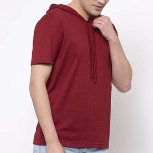 Men's <b>Red</b> Hooded T-Shirt Regular Fit Cotton Casual Solid Color Short Sleeve Knitted <b>Hoodie</b> Autumn Wear - Product Image 4