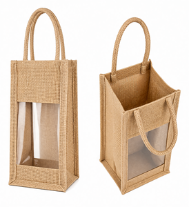 Eco Friendly Jute <b>Wine</b> Bottle Tote <b>Bag</b> with Transparent Window Reusable Gift Packaging - Product Image 5