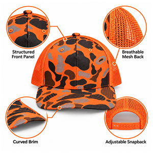 Gorra Trucker de Camuflaje Naranja de Alta Visibilidad, Gorra de Malla para Caza al Aire Libre, Bordado Personalizado, 6 Paneles, Ajustable, Estilo Verano - Product Image 3