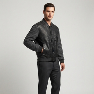 Chaqueta de Hombre de Cuero Negro con Mezcla de Lana, Cuello Acanalado, Botones a Presión, Manga Larga, Estilo Casual Urbano - Product Image 3
