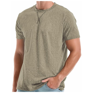Men 100% Cotton Washed Front Logo Short Sleeve O-Neck Regular Fit Solid Casual Breathable Screen Printed Knitted T-Shirt 220g - Product Image 1