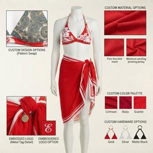 Conjunto de Bikini Rojo con Estampado Floral para Mujer, Corte Alto, Falda Asimétrica Cruzada al Frente, Logotipo, Secado Rápido, Ecológico, Spandex, Poliéster, Traje de Baño - Product Image 5