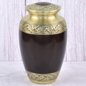 Urne funéraire pour adultes en laiton à motif floral noir et or avec finition brillante pour cendres humaines, urne commémorative funéraire - Product Image 1