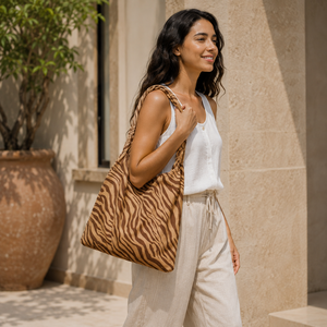 Sac fourre-tout en lin imprimé zèbre pour femme, sac à main en tissu avec poignée nouée, motif animal, sac de shopping décontracté, fabricant et fournisseur - Product Image 6