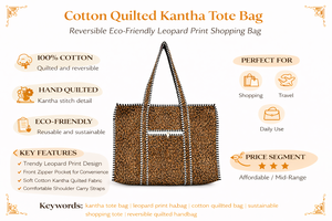 Bolso Tote Acolchado de Algodón Kantha con Estampado de Leopardo, Bolso de Compras Reversible Ecológico con Bolsillo con Cremallera - Product Image 6