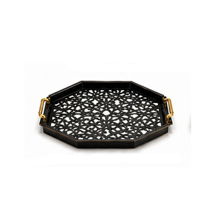 <b>Black</b> Octagonal Serving <b>Tray</b> With Gold Handles Geometric Pattern Lacquered Finish Residential Use - Product Image 1