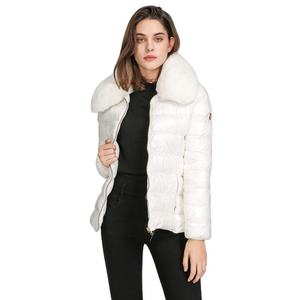 Doudoune blanche en duvet avec col en fourrure, fermeture éclair, col montant, manteau d'hiver décontracté, coupe ajustée, longueur standard - Product Image 1