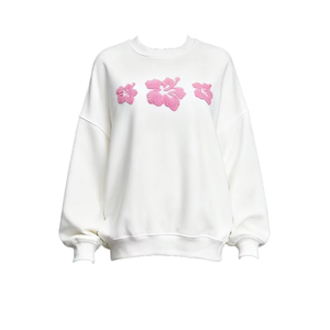 Sudadera Blanca Extra Grande para Mujer con Bordado Floral Rosa, Cuello Redondo, Manga Larga, Tejido de Algodón, Estilo Primavera - Product Image 1