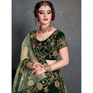 Embroidered Velvet Bridal Lehenga Choli in <b>Bottle</b> Green - Product Image 4