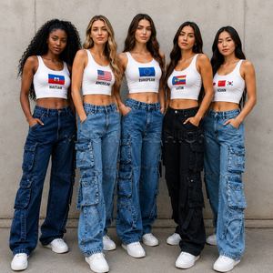 Lote de Stock: Jeans Cargo de Cintura Alta para Mujer, Hechos en Bangladesh, de Mezclilla Lavada a la Piedra, Ajuste Holgado con Crop Tops - Proveedor Mayorista de Ropa Femenina - Product Image 3