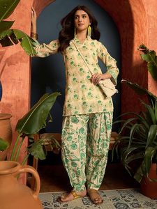 Women's Three Quarter Sleeve Knee Length Woven Floral <b>Linen</b> Kurti with Farshi Salwar <b>Two</b> <b>Piece</b> Set - Product Image 2