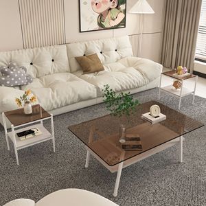 Set di 3 Tavolini da Caffè e Tavolini Laterali in Vetro Marrone Moderno, Vetro Temperato con Strato in MDF per Soggiorno - Product Image 1