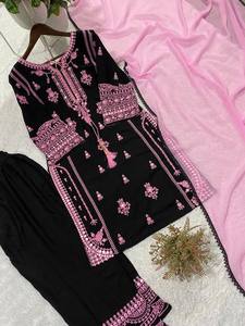 Luxury Jet Black Rayon Lawn Suit Set Heavy Thread Embroidery Keyhole Neck Tassel <b>Kurti</b> Straight Pants Chiffon Dupatta Party - Product Image 4